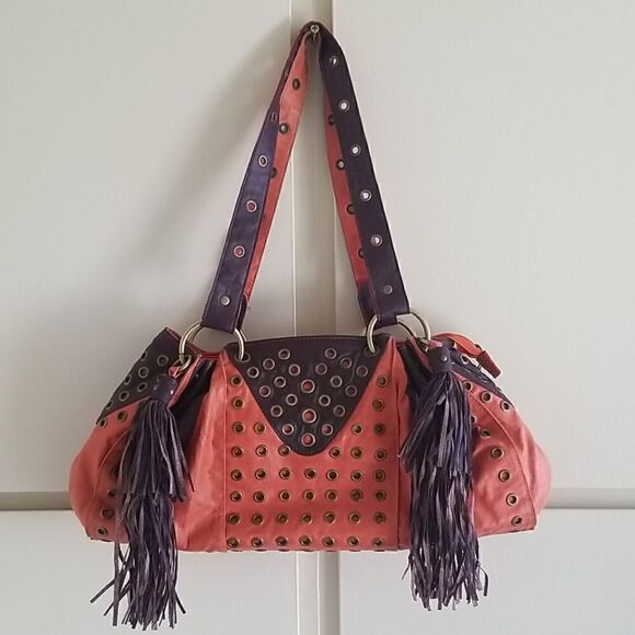 unknown Handbags - Vegan Leather Shoulder Bag, Aubergine/Orange, EUC